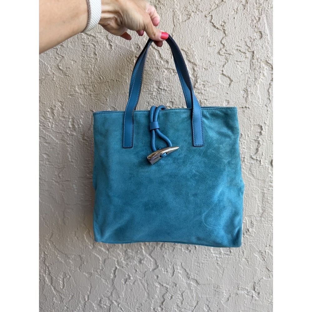 Vintage Burberry London Shark Tooth Clasp Tote Turquoise Suede